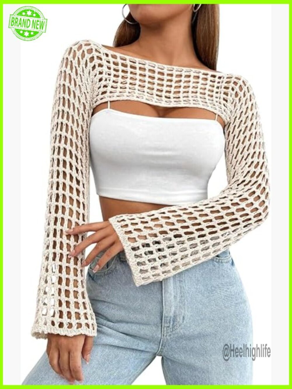 Crochet Shrug Bolero Cropped Sweater Top Long Sleeve Y2K Hollow Out